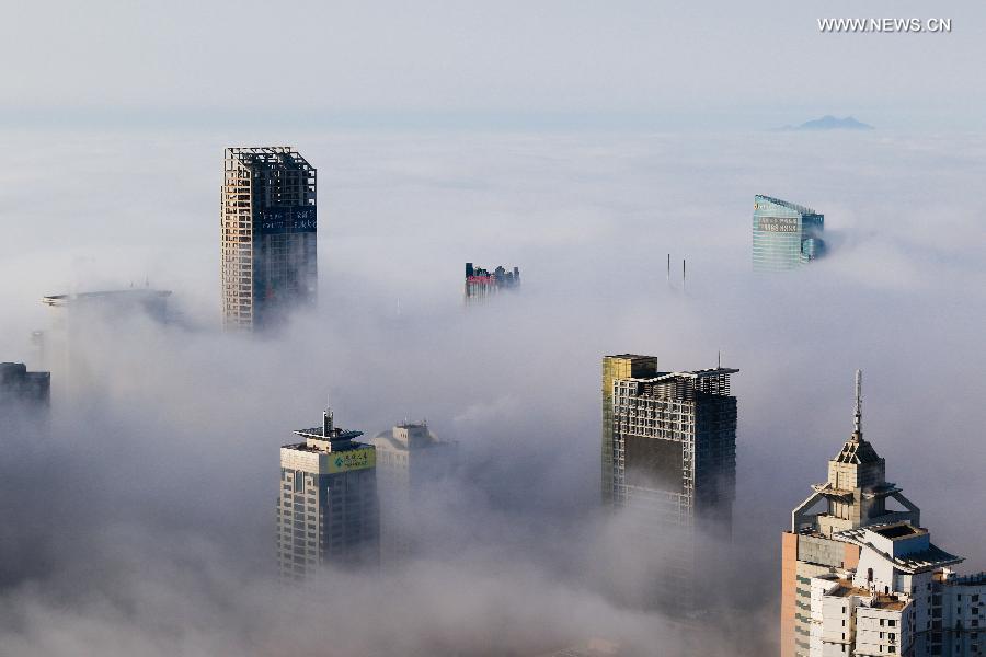 Buildings covered by fog in China's Qingdao