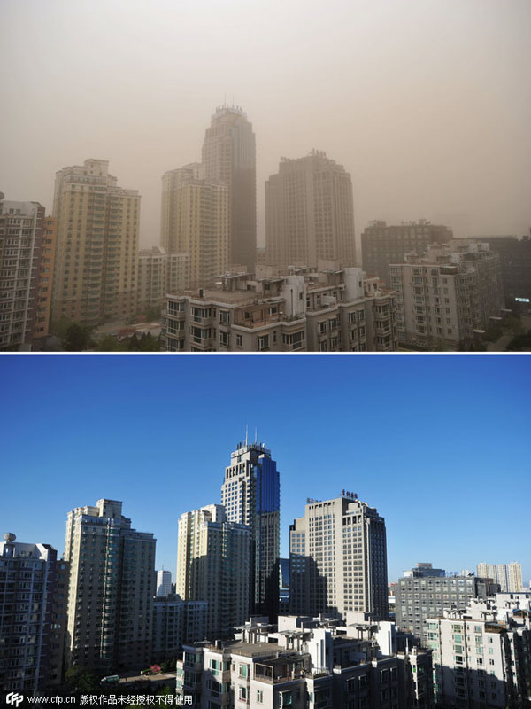 Contrast of pictures taken in and after sandstorm in Beijing