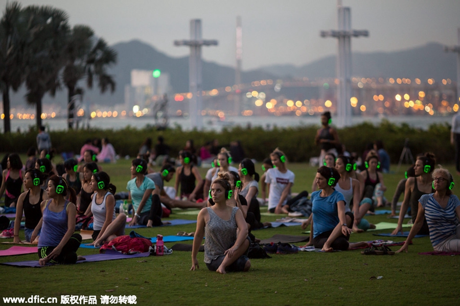 Silent disco yoga class in HK quiets body and mind