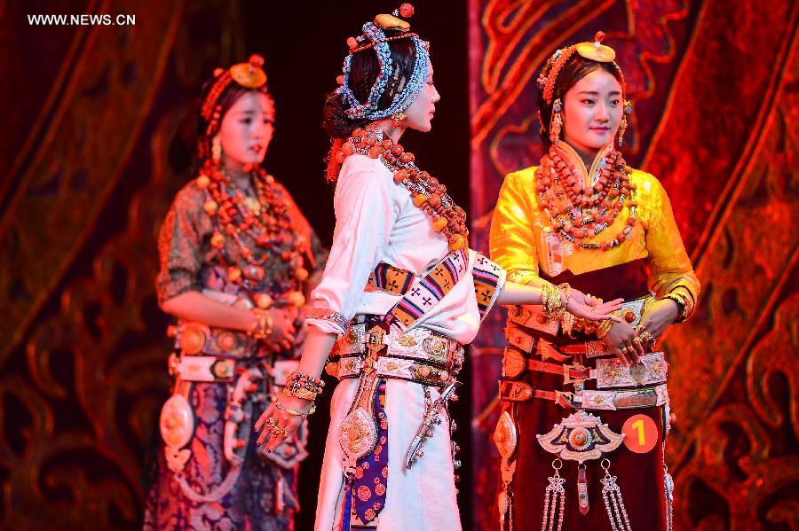 Traditional Tibetan costumes presented in Yushu, NW China