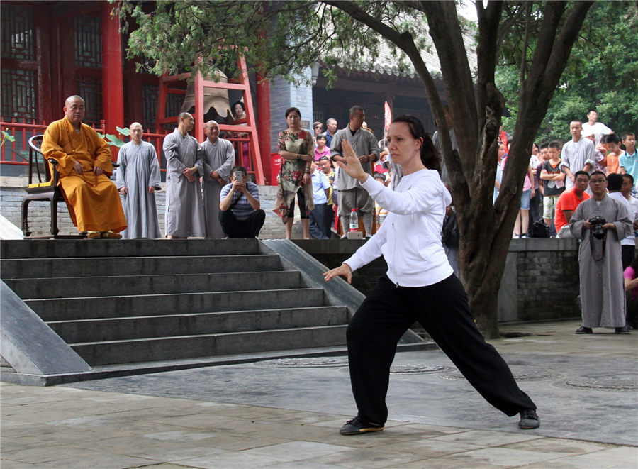 Foreign disciples perform kung fu at Shaolin Temple