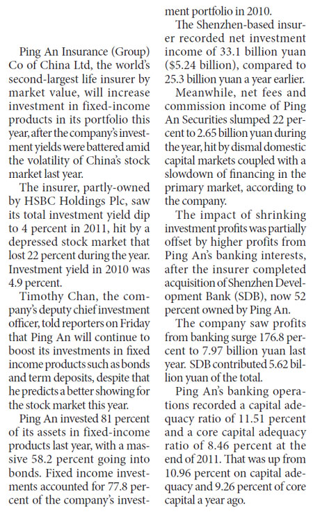 Ping An to set heavier focus on fixed-income investment in 2012