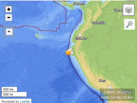 秘魯西北部海域發(fā)生6.2級(jí)地震 暫無傷亡損失(圖)