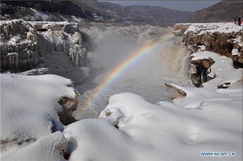 Winter scenery of Hukou Waterfall, N China's Shanxi