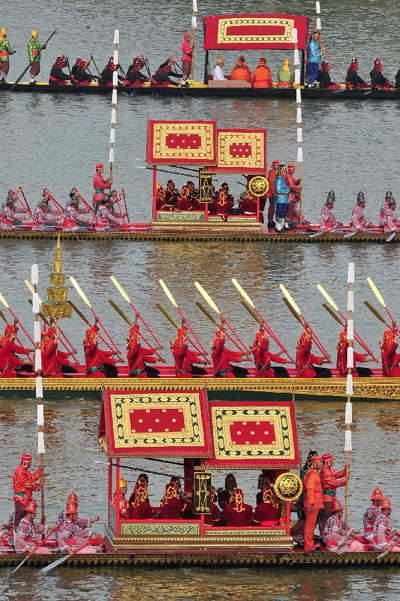 Rehearsal of Royal Barge Procession held on Chao Phraya River in Bangkok