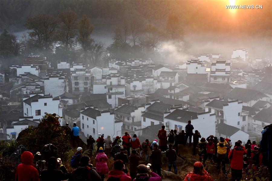 Early morning fog scenery of Shicheng village in East China's Wuyuan