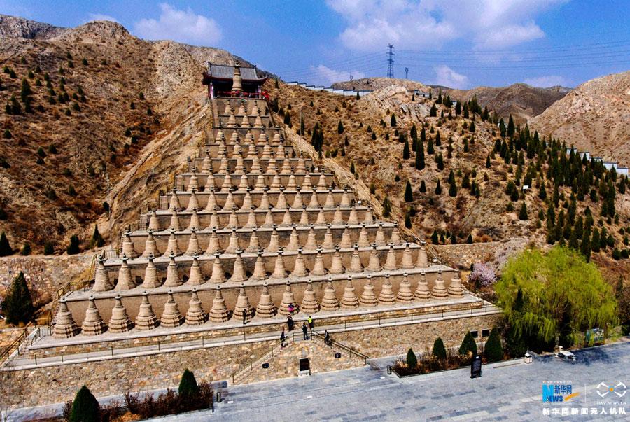 Aerial view of 108 ancient pagodas in Qingtongxia, NW China