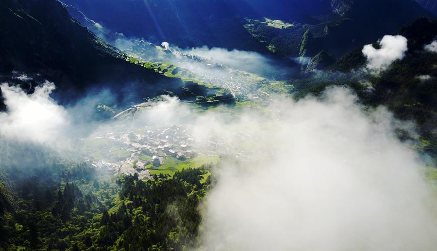 Scenery of Zhagana mountains featuring Tibetan-style villages