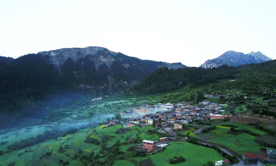 Scenery of Zhagana mountains featuring Tibetan-style villages