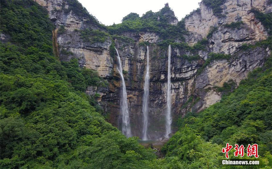 Amazing aerial view of 'triple falls' in Southwest China