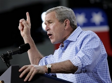 President Bush gestures as he speaks to supporters at a campaign rally at MetraPark Arena in Billings, Mont., Thursday, Nov. 2, 2006.