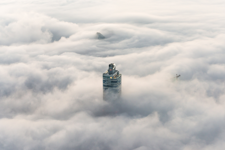 Skyscrapers soar above the clouds in Dubai